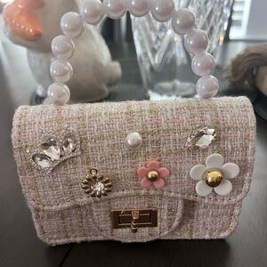Chic Pink Tweed Bag with Pearl Handle